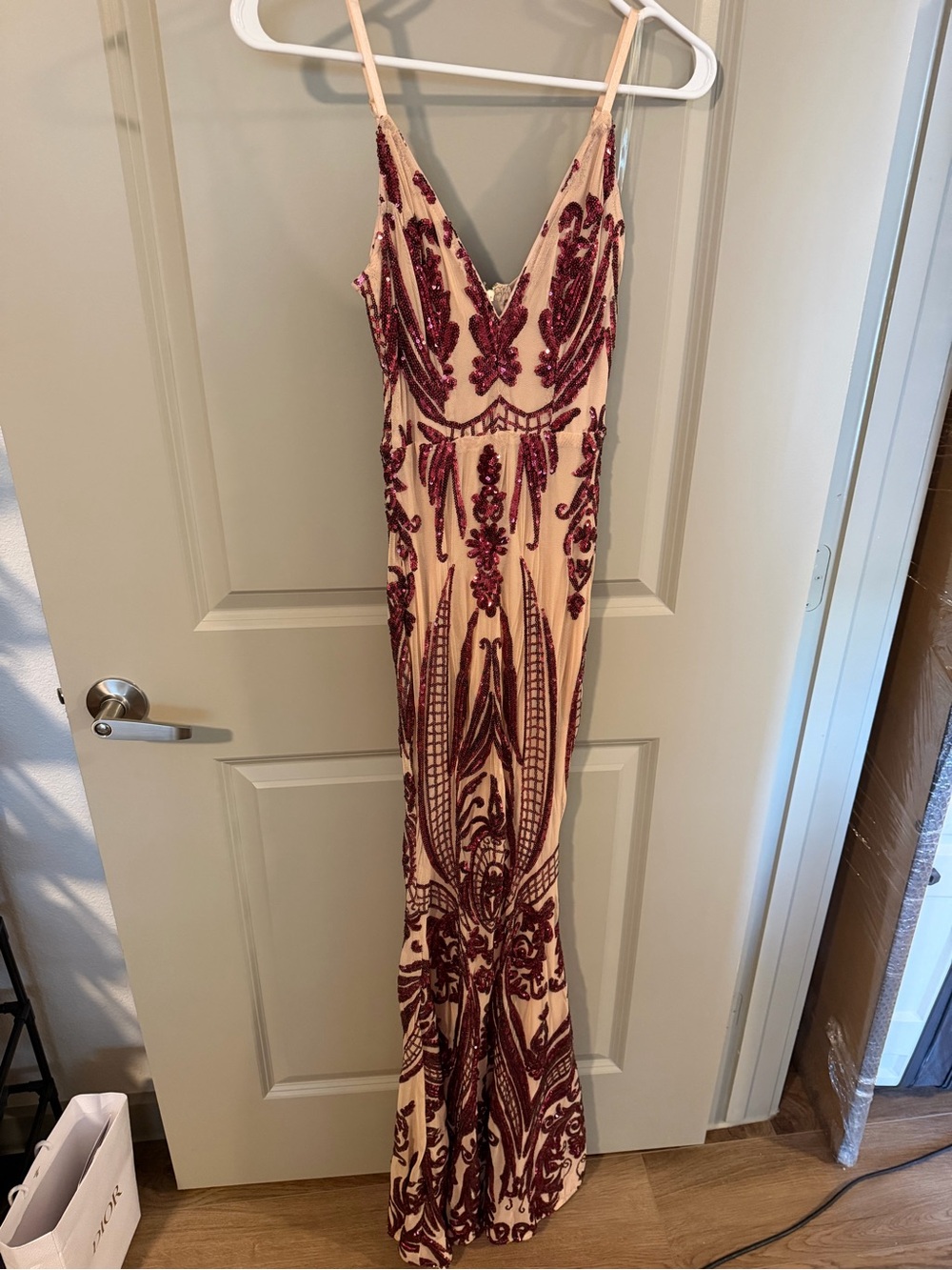 Fashion Nova Nude Maxi Dress with Burgundy Sequin Embellishments